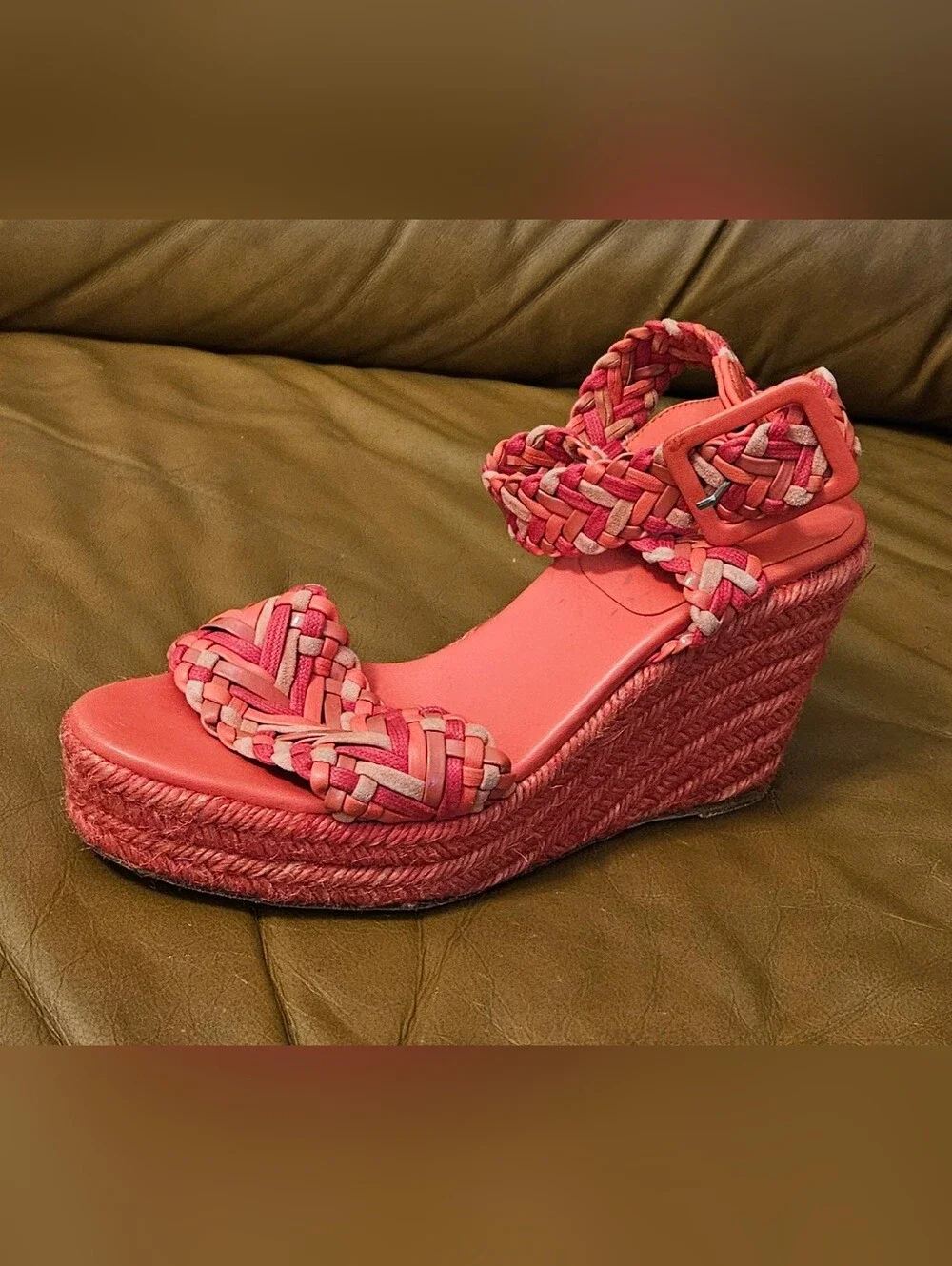 Hermes Coral Braided Espadrille Wedge Sandals Heels Size 5 US